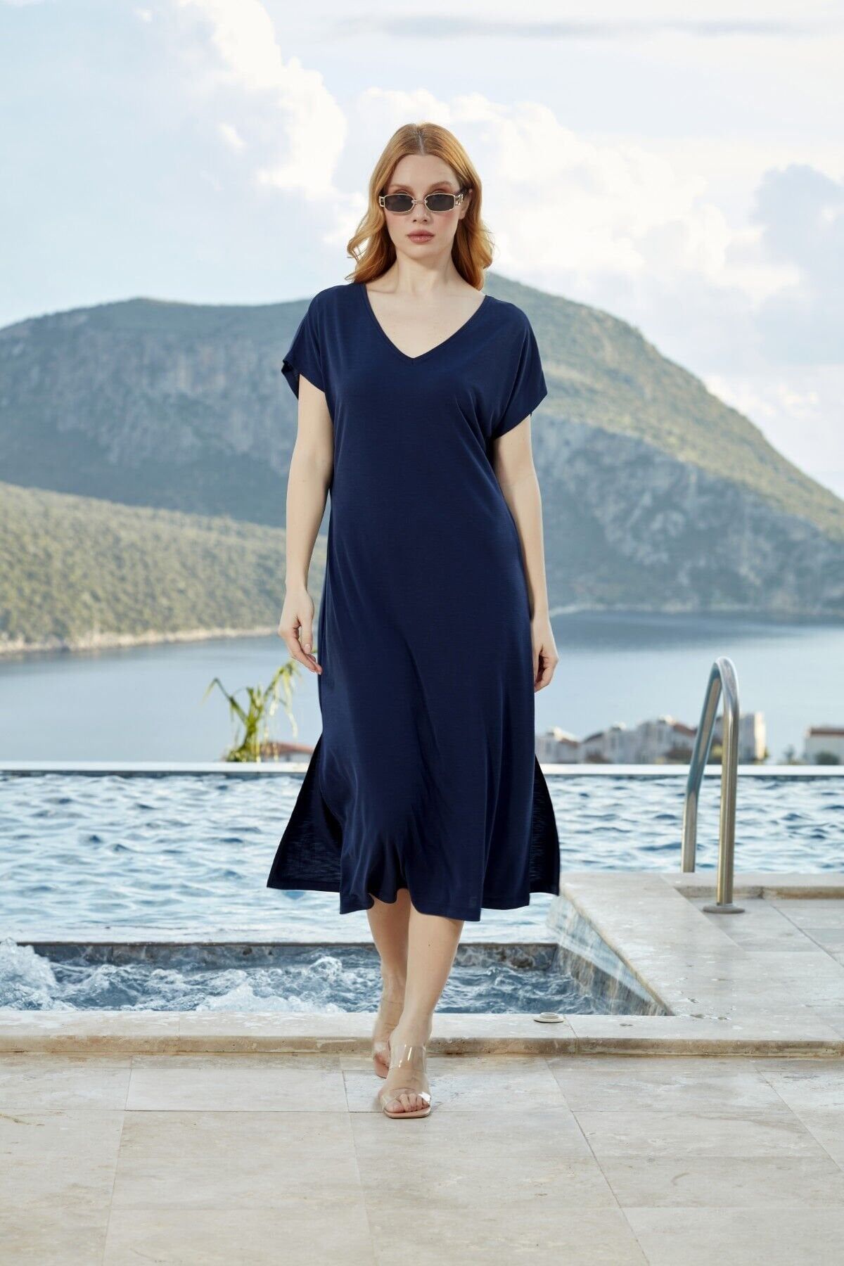 Kısa Kol Midi Elbise CossybyAqua 26789 48 - LACİVERT