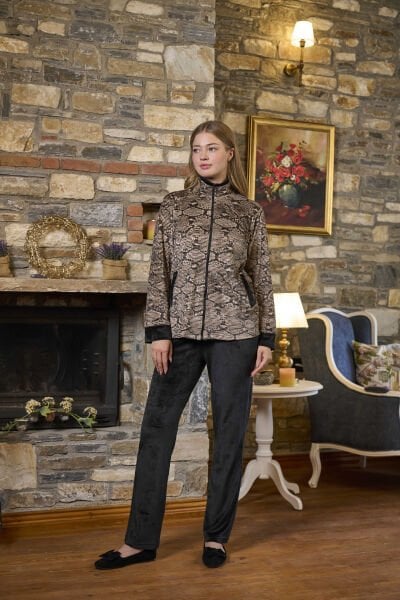 Dik Yaka Fermuarlı Kadife 2'Li Takım CossybyAqua 26297 Kahve Desenli