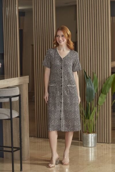 Kısa Kol Önden Düğmeli Cep Detay Ev Elbisesi CossybyAqua 26685