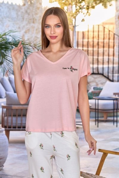Kısa Kol Gül Desen Pijama Kapri Takım CossybyAqua 25671