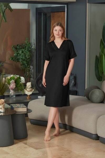 Kısa Kol V Yaka Ev Elbisesi CossybyAqua 26691