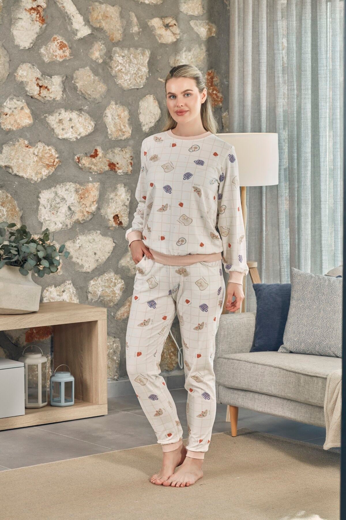 Desenli Uzun Kol Kadın Pijama Takım CossybyAqua 27014