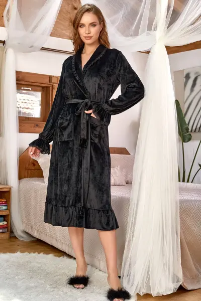 Kadife Şal Yaka Midi Sabahlık CossybyAqua 27057 Siyah