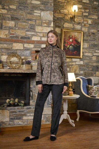 Dik Yaka Fermuarlı Kadife 2'Li Takım CossybyAqua 26277 Kahve Desenli