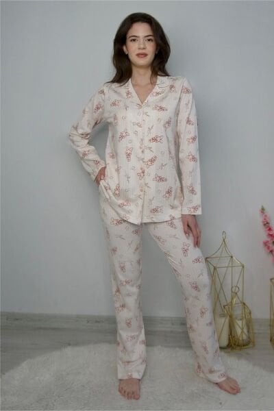 Uzun Kol Önden Düğmeli Desenli Pijama Takımı PinkbyAqua 26223