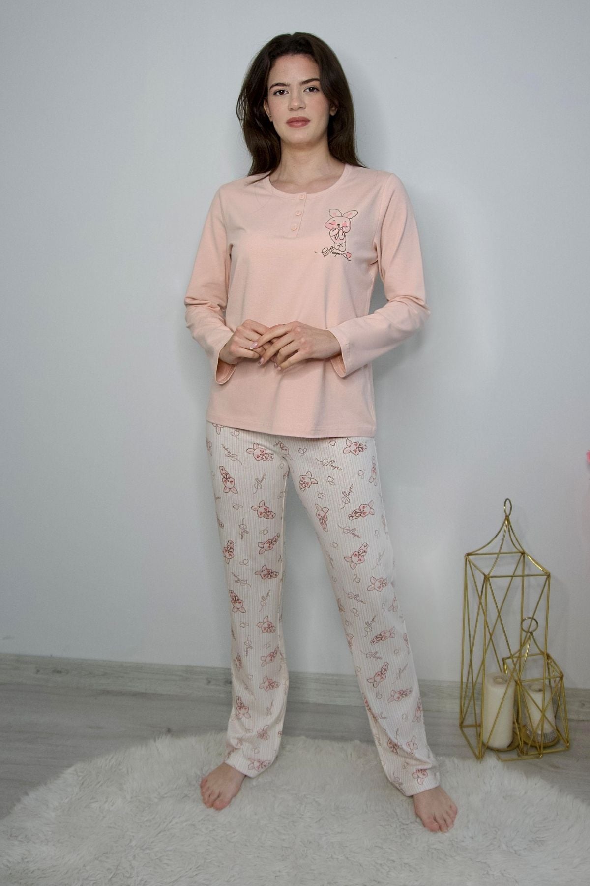 Uzun Kol Baskı Detay Desenli Pijama Takımı PinkbyAqua 26124