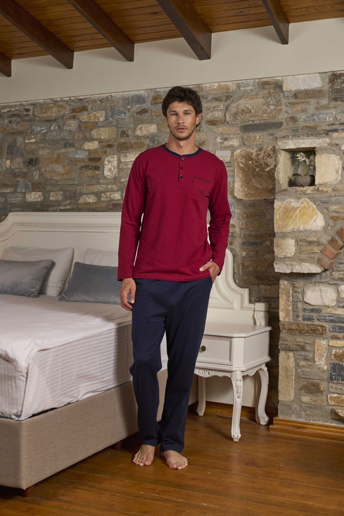 Uzun Kol Erkek Pijama Takımı CossybyAqua 26165 Bordo