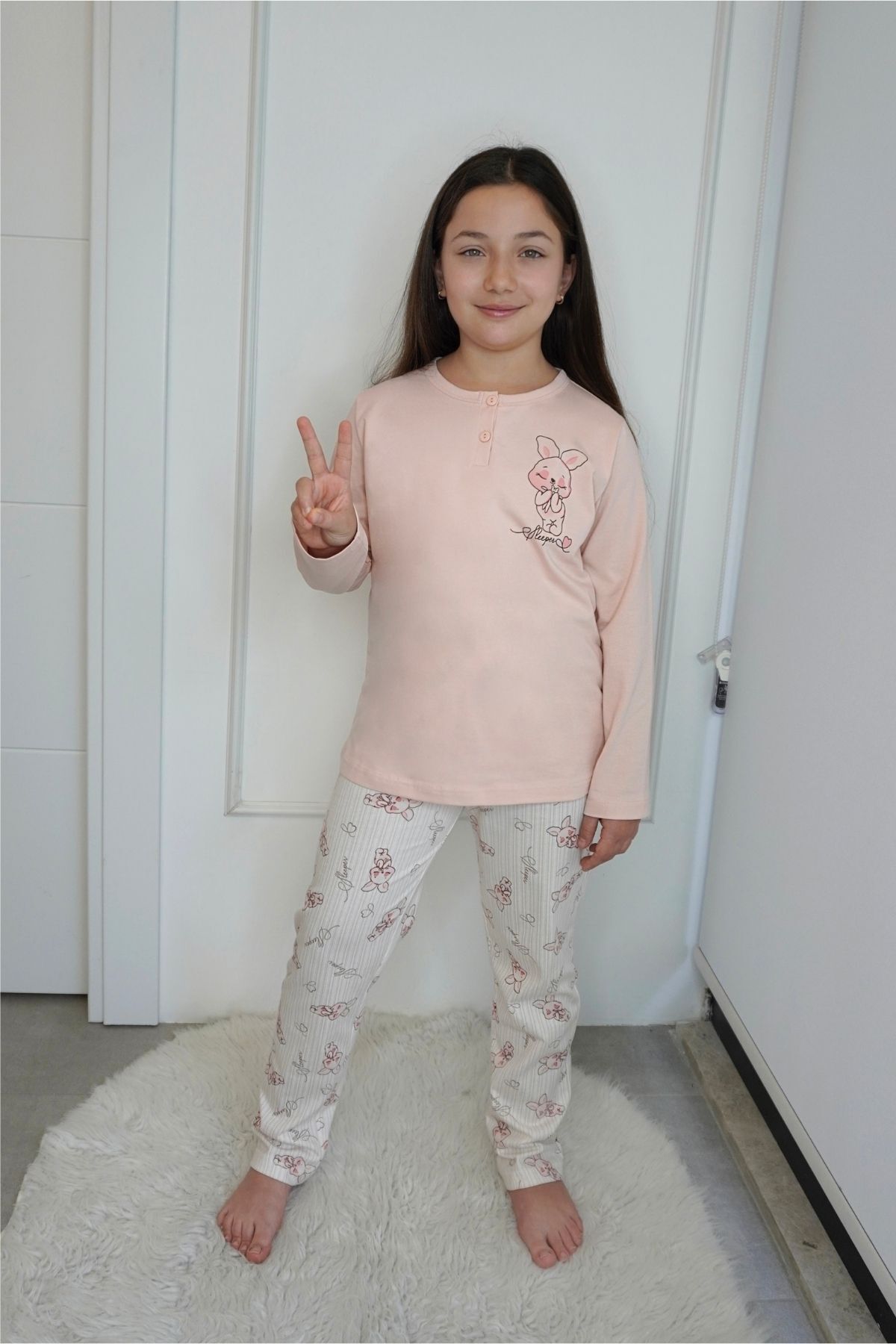 Uzun Kol Desenli Çocuk Pijama Takımı PinkbyAqua 26457