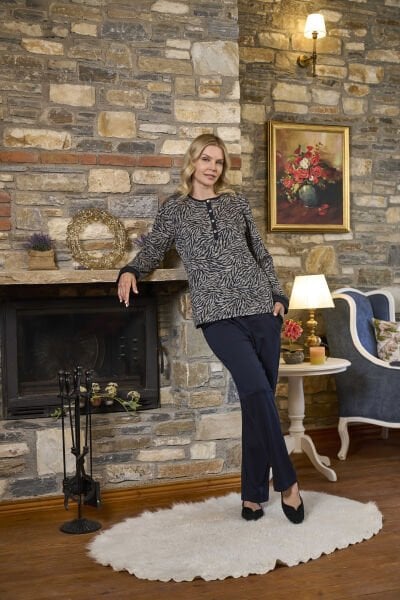 Uzun Kol Düğme Detay Pijama Takımı Cossy By Aqua 26325 Lacivert (Geniş Beden Aralığı)(Kopya)