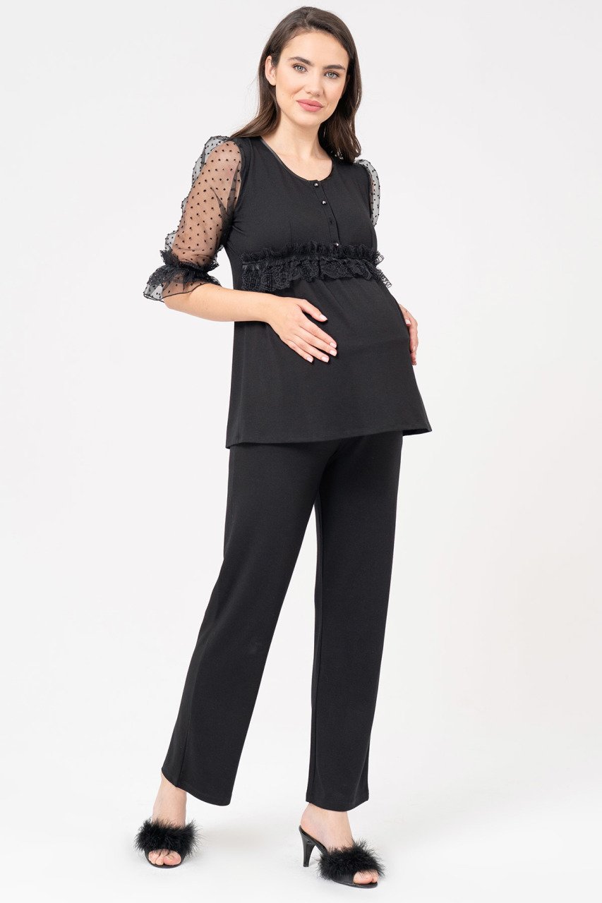 Tülü Puantiye Detaylı Bel Ayarlı Lohusa Hamile Pijama Takımı-22002