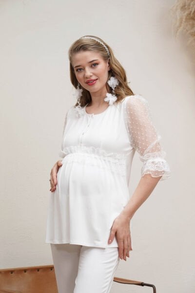 Tülü Puantiye Detaylı Bel Ayarlı Lohusa Hamile Pijama Takımı-22002