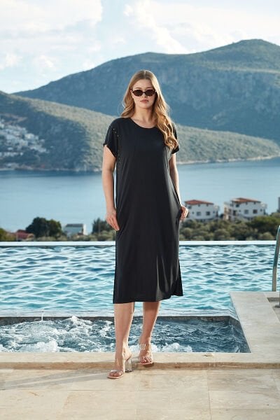 Kısa Kol Rahat Kalıp Yırtmaçlı Elbise CossybyAqua 26773