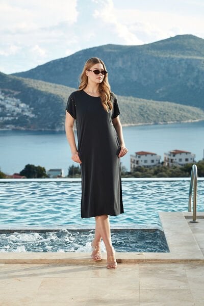 Kısa Kol Rahat Kalıp Yırtmaçlı Elbise CossybyAqua 26773