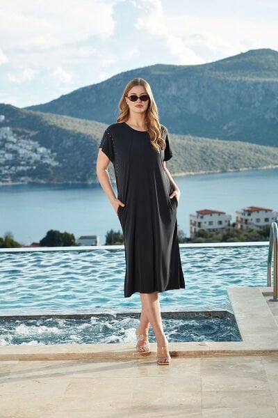 Kısa Kol Rahat Kalıp Yırtmaçlı Elbise CossybyAqua 26773