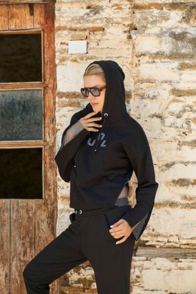 Kapüşonlu File ve Baskı Detay Kadın Eşofman Takımı CossybyAqua 26030