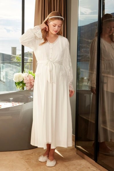 Dantel Detaylı Tesettür Lohusa Sabahlık CossybyAqua 26624