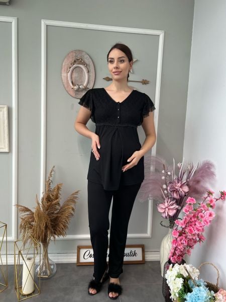 İnci Detaylı Lohusa Hamile Pijama Takım Cossy By Aqua 40 - SİYAH