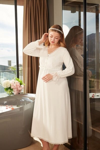 Dantel Detaylı Uzun Kol Tesettür Lohusa Gecelik CossybyAqua 26625