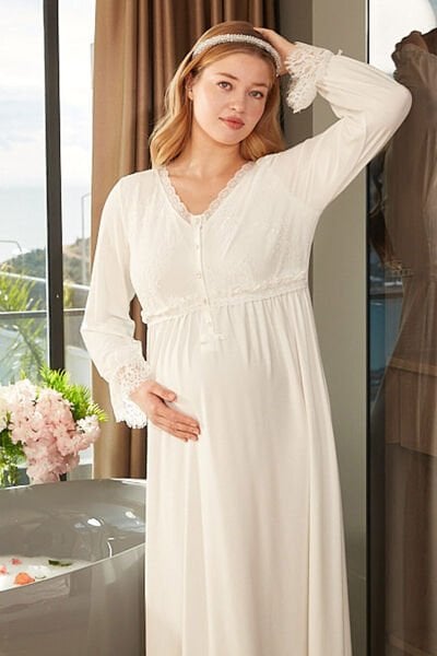 Dantel Detaylı Uzun Kol Tesettür Lohusa Gecelik CossybyAqua 26625