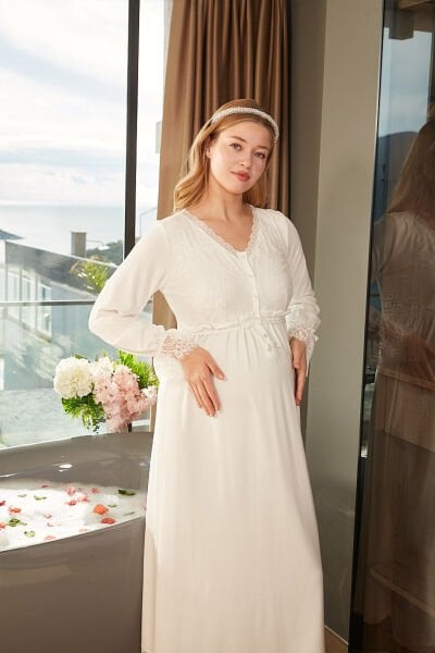 Dantel Detaylı Uzun Kol Tesettür Lohusa Gecelik CossybyAqua 26625