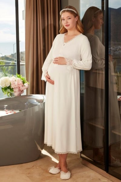 Dantel Detaylı Uzun Kol Tesettür Lohusa Gecelik CossybyAqua 26625