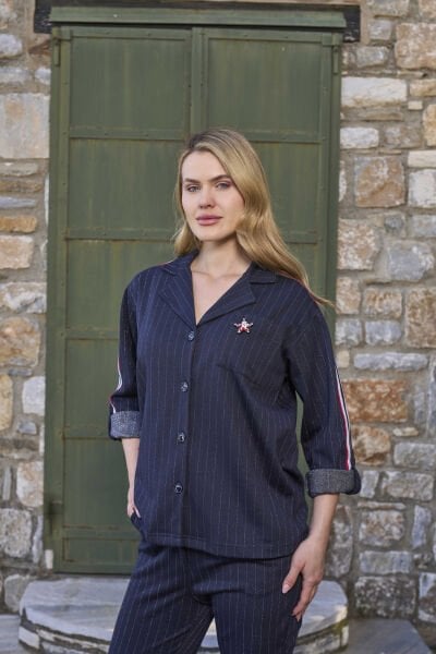 Çizgi Desen Önden Düğmeli Spor Eşofman Takımı CossybyAqua 26054