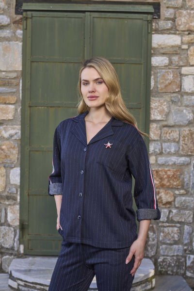 Çizgi Desen Önden Düğmeli Spor Eşofman Takımı CossybyAqua 26054