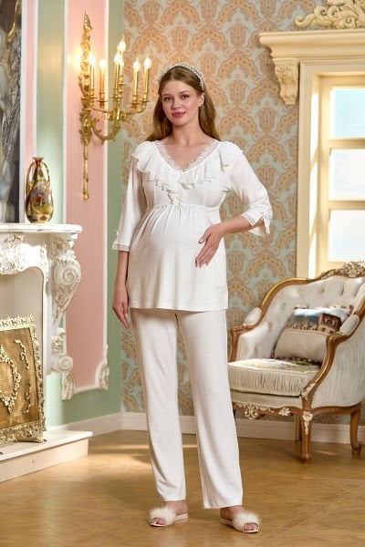 Dirsek Kol Dantel Detaylı Lohusa Pijama Takımı CossybyAqua 25137