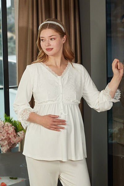 Dantel Detaylı Uzun Kol Tesettür Lohusa Pijama Takımı CossybyAqua 26626
