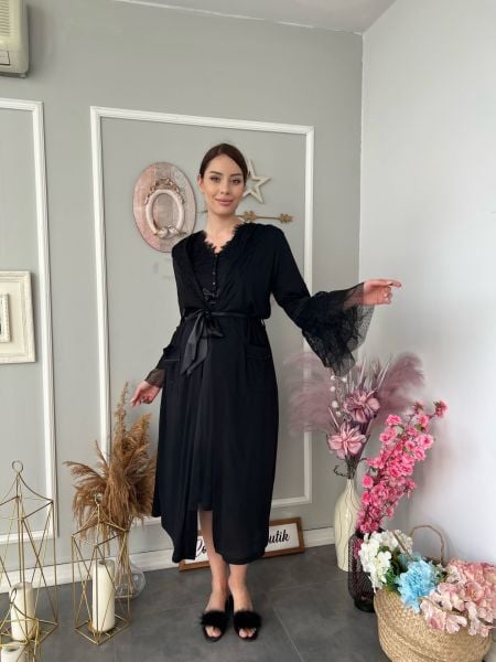 Dantel ve İnci Detaylı Lohusa Sabahlık Cossy By Aqua