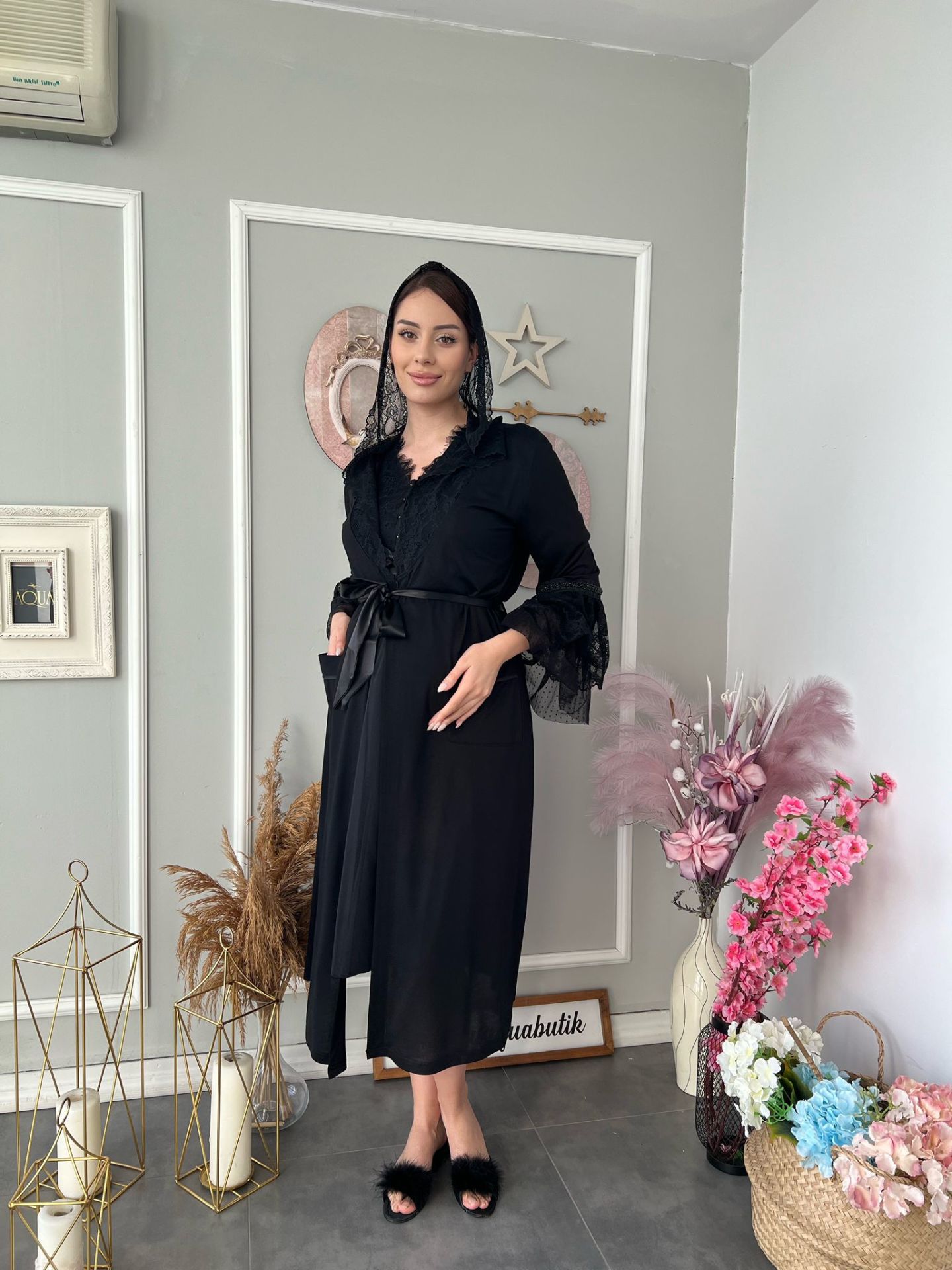 Dantel ve İnci Detaylı Lohusa Sabahlık Cossy By Aqua