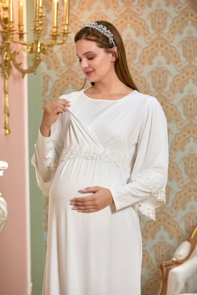 Dantelli Uzun Kol Kruvaze Yaka Tesettür Lohusa Gecelik CossybyAqua 25121