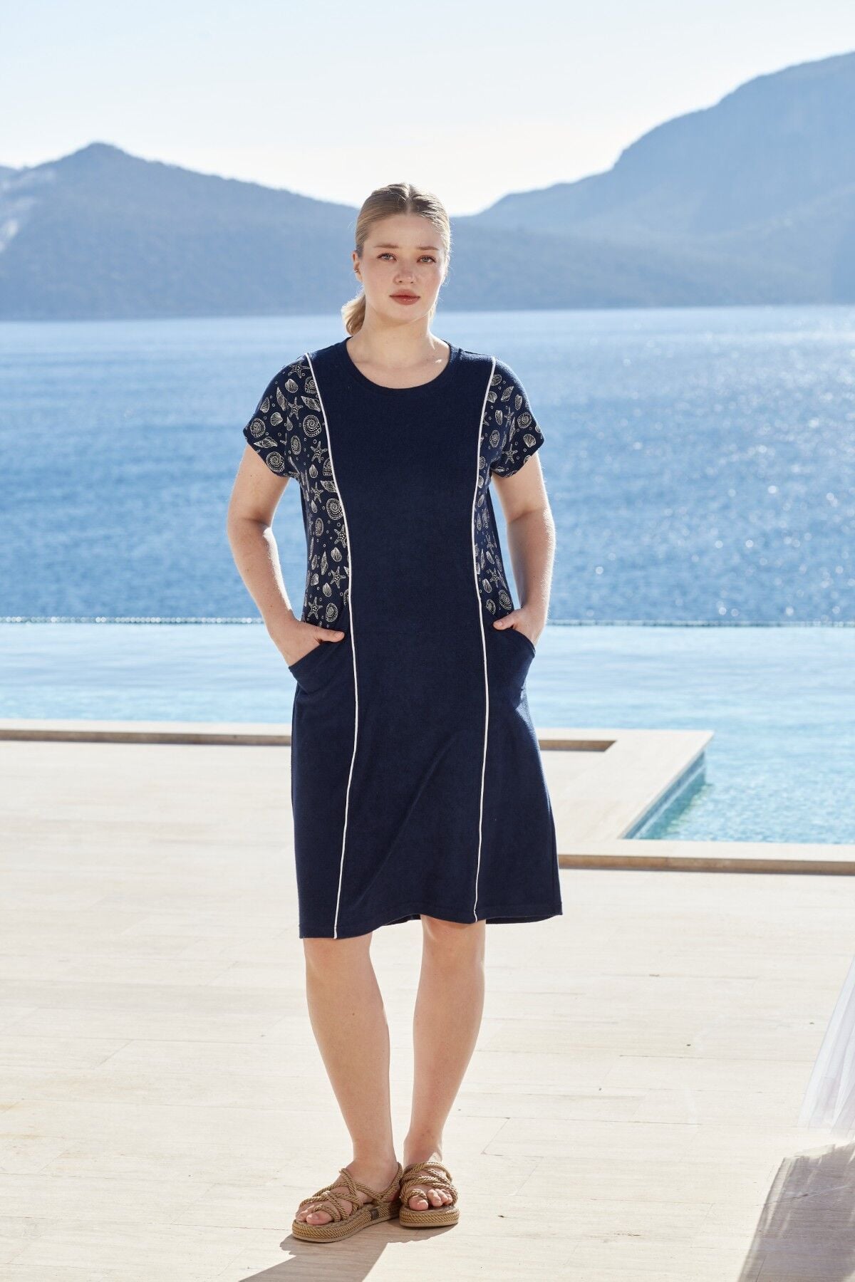 Kısa Kol Cep Detay Havlu Plaj Elbisesi CossybyAqua 26869