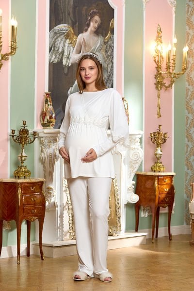 Dantelli Uzun Kol Kruvaze Yaka Tesettür Lohusa Pijama Takımı CossybyAqua 25123