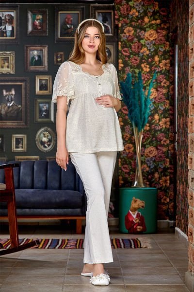 Keten Bel Ayarlı Lohusa Hamile Pijama Takım Cossy By Aqua 24080