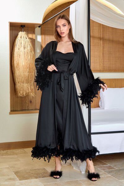 Otrişli Saten Sabahlık CossybyAqua 25580-K 2(40-42) - SİYAH