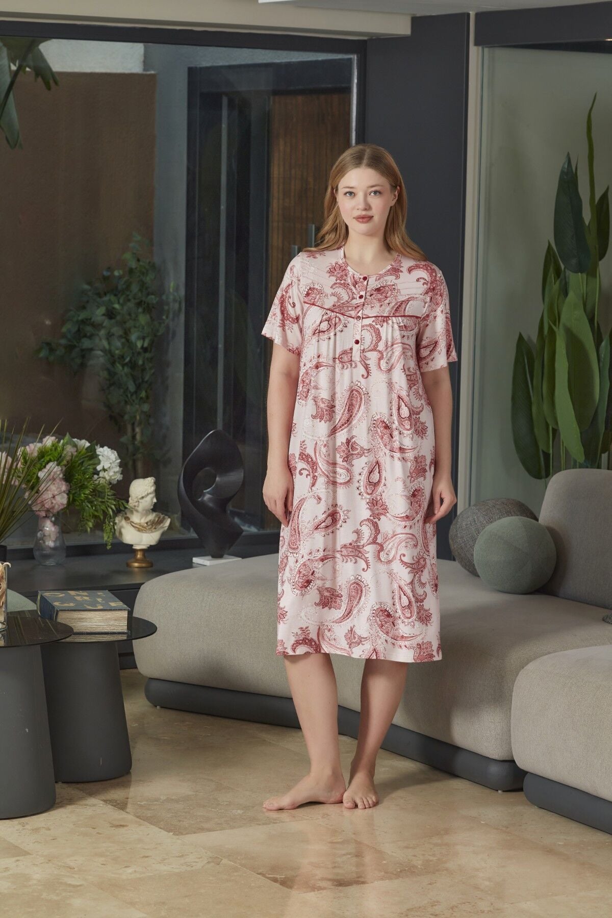 Kısa Kol Desenli Büyük Beden Gecelik CossybyAqua 26893