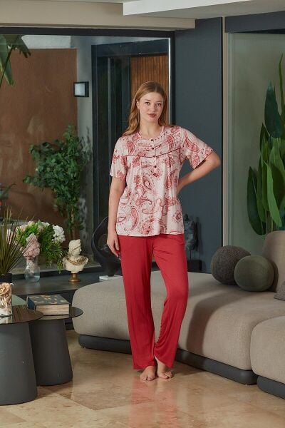 Kısa Kol Desenli Büyük Beden Pijama Takımı CossybyAqua 26894