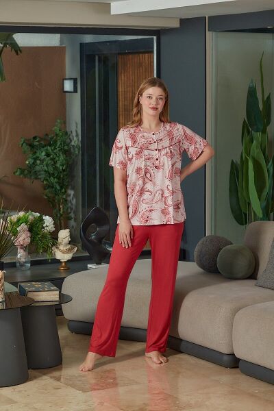 Kısa Kol Desenli Büyük Beden Pijama Takımı CossybyAqua 26894