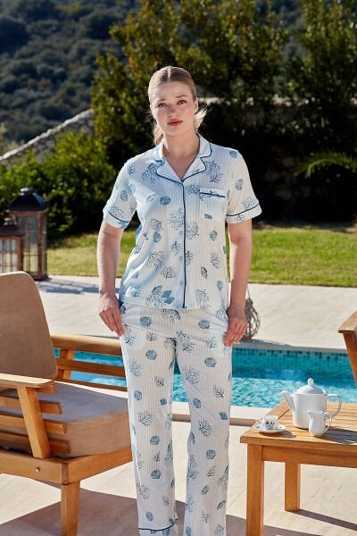 Kısa Kol Desenli Gömlek Pijama Takımı CossybyAqua 26504