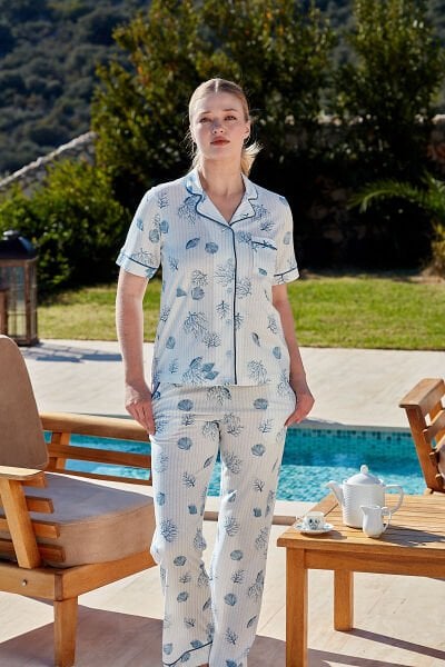Kısa Kol Desenli Gömlek Pijama Takımı CossybyAqua 26504