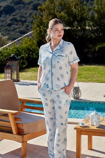 Kısa Kol Desenli Gömlek Pijama Takımı CossybyAqua 26504