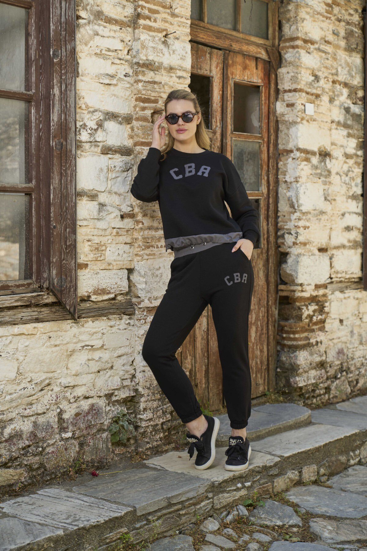 Baskı Detay Spor Eşofman Takımı CossybyAqua 26101 Siyah