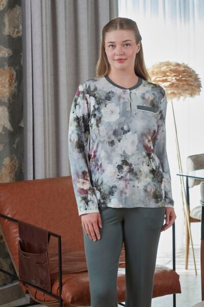 Uzun Kol Desenli Büyük Beden Pijama Takım CossybyAqua 27234