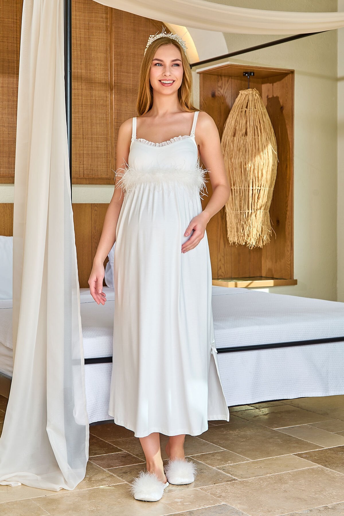 Askılı Otriş Detay Uzun Lohusa Gecelik CossybyAqua 25597