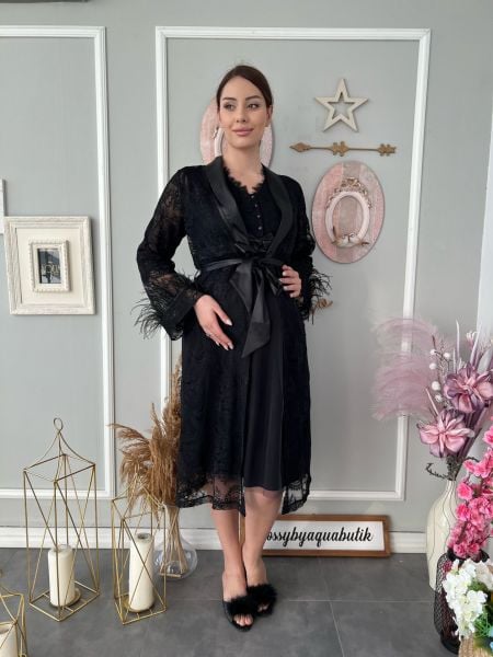 Dantel ve Tüy Detaylı Sabahlık Cossy By Aqua