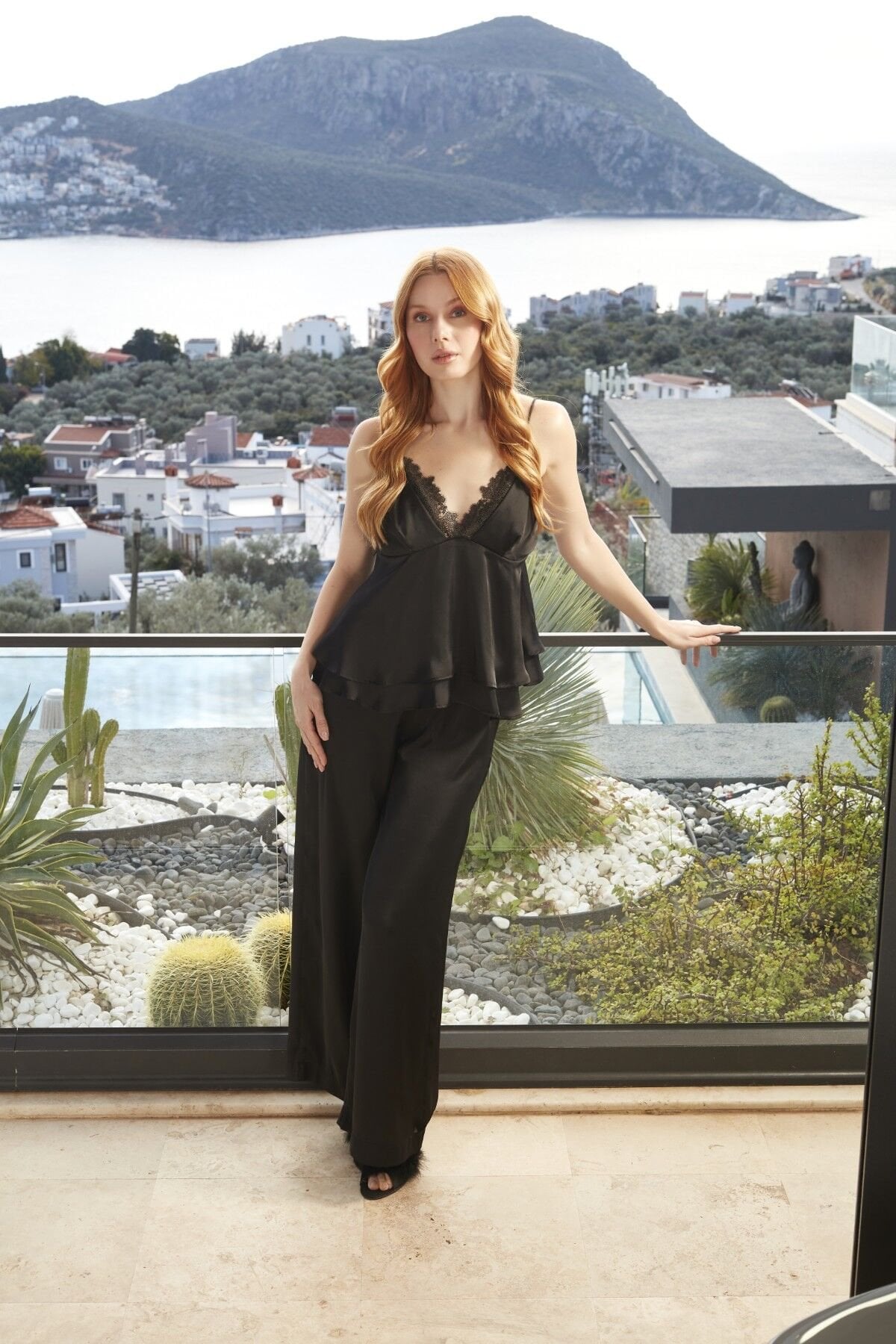 Dantel Detay Askılı Saten Pijama Takımı CossybyAqua 26657 36 - SİYAH