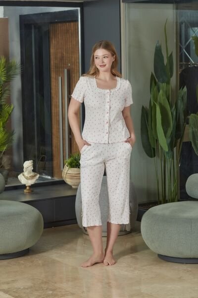 Kısa Kol Kare Yaka Önden Düğmeli Pijama Kapri Takım CossybyAqua 26521