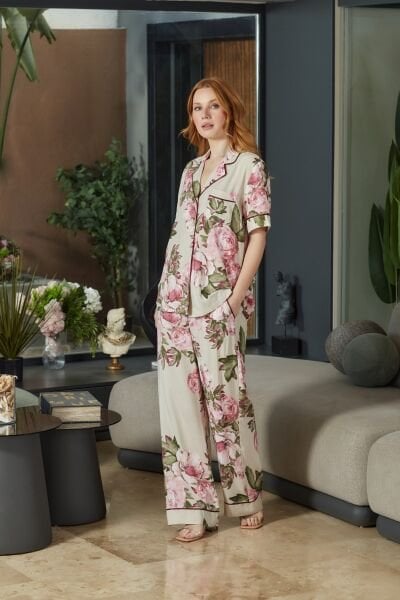 Kısa Kol Gömlek Yaka Desenli Pijama Takımı CossybyAqua 26546