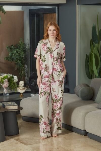 Kısa Kol Gömlek Yaka Desenli Pijama Takımı CossybyAqua 26546
